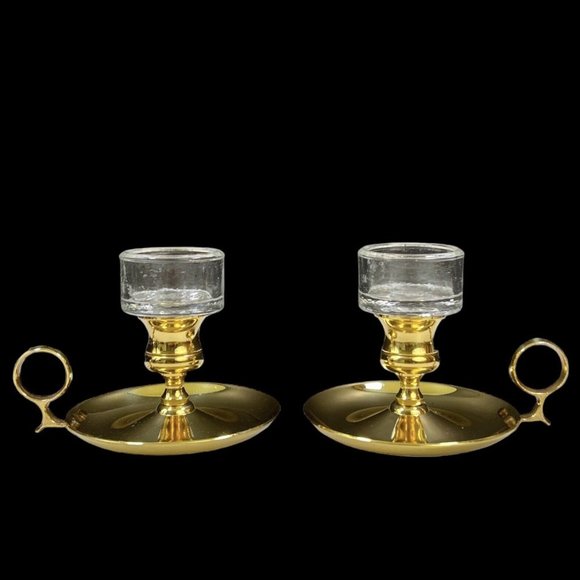 Brass Chamberstick Candle Holder‎ With Glass Inset By Baldwin Brass Set Of 2 - Picture 2 of 12
